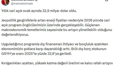 Hazine ve Maliye Bakanı Mehmet Şimşek: 2026 Cari Açık Öngörülerimizin Üzerinde Olabilir