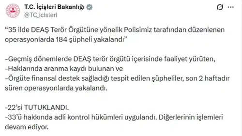 çişleri Bakanlığı Açıkladı: Türkiye Genelinde 35 İlde DEAŞ Operasyonu, 184 Şüpheli Gözaltında, 22 Kişi Tutuklandı