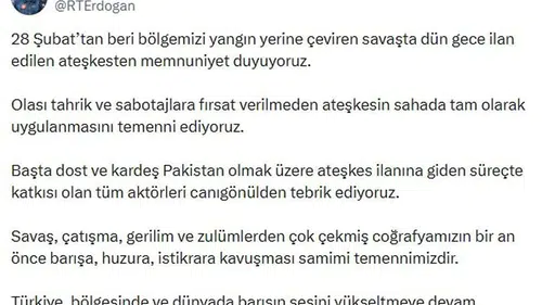 Erdoğan’dan Ateşkes Açıklaması: “Bölgemize Barış Gelmesini Temenni Ediyoruz”