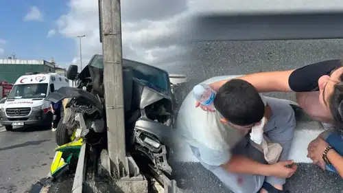 E-5’te korku dolu anlar! Çocukları taşıyan araç bariyerlere çarptı