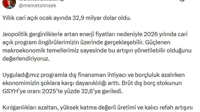 Hazine ve Maliye Bakanı Mehmet Şimşek: 2026 Cari Açık Öngörülerimizin Üzerinde Olabilir