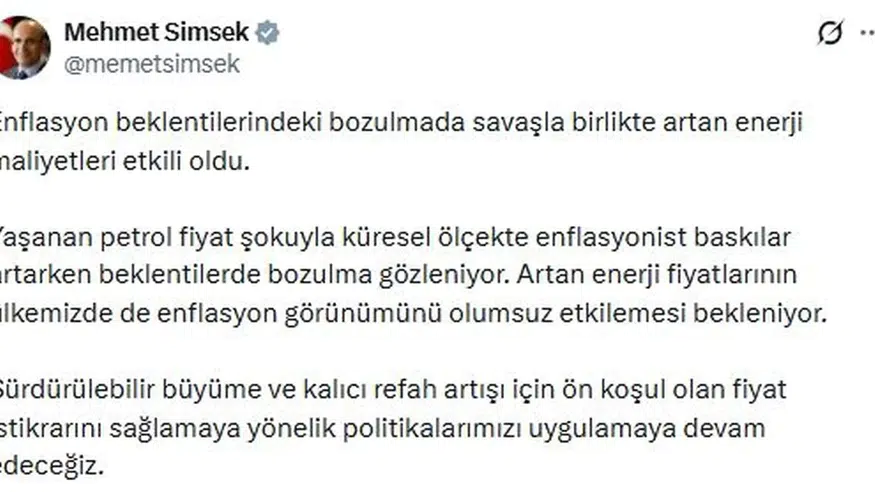 Mehmet Şimşek’ten Enflasyon Uyarısı: Enerji Fiyatlarındaki Artış Beklentileri Olumsuz Etkiliyor